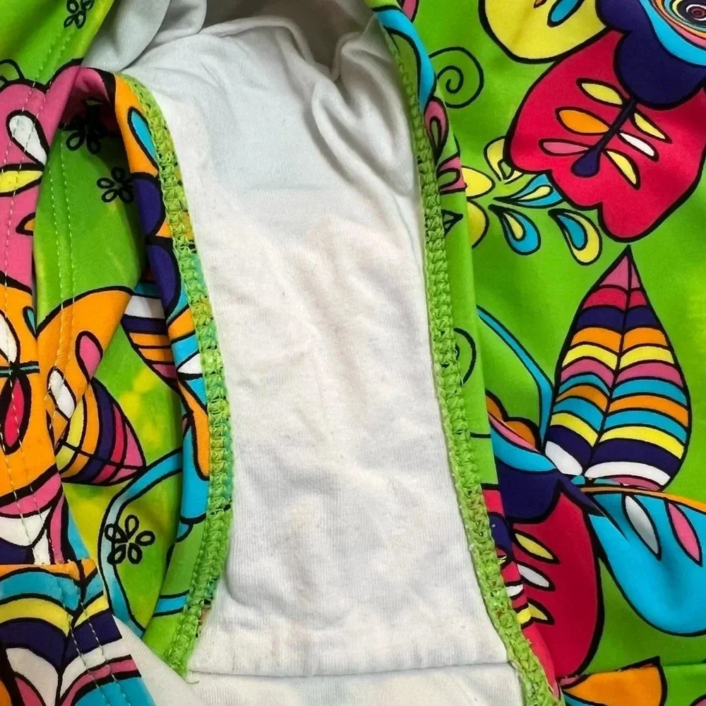 Hanna Andersson Mottled Bright Green Floral Crossback‎ Swimsuit. Size 12/14.